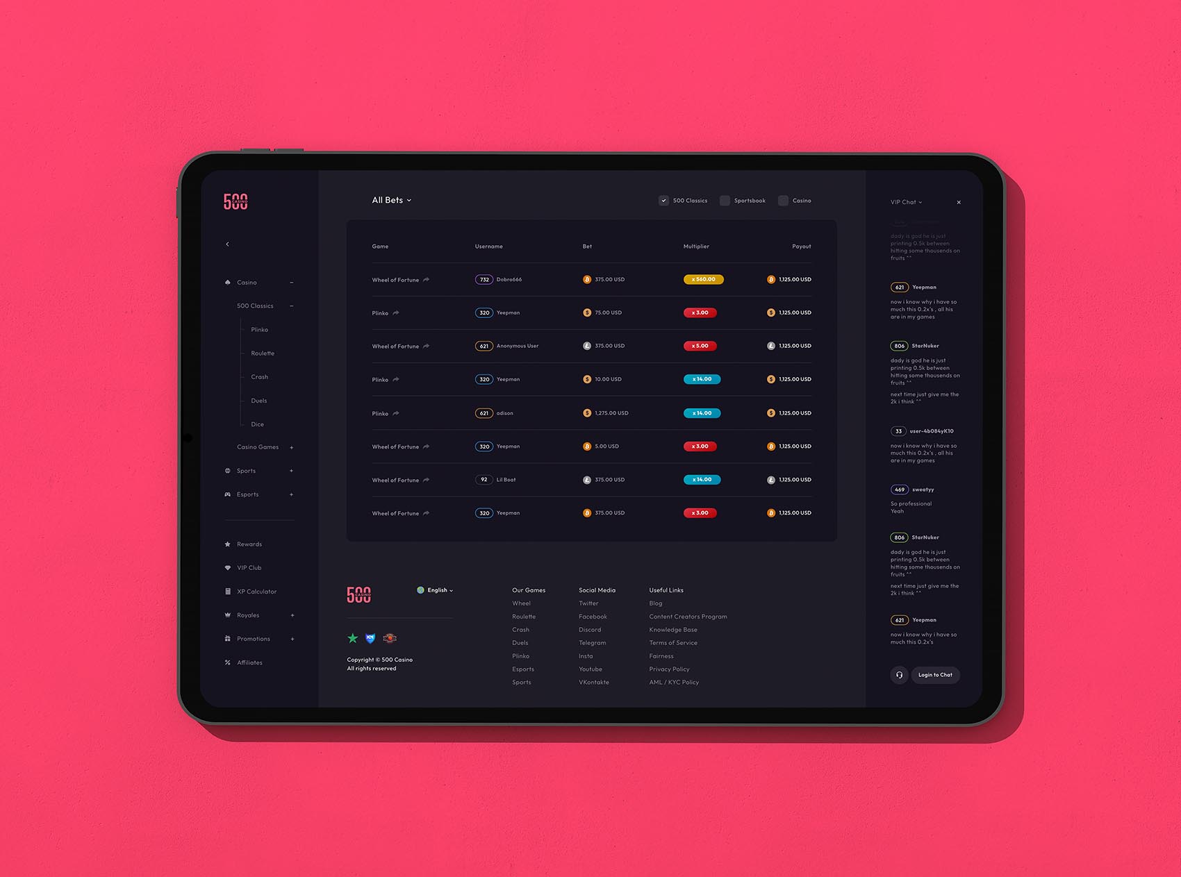 500 Casino design in an ipad