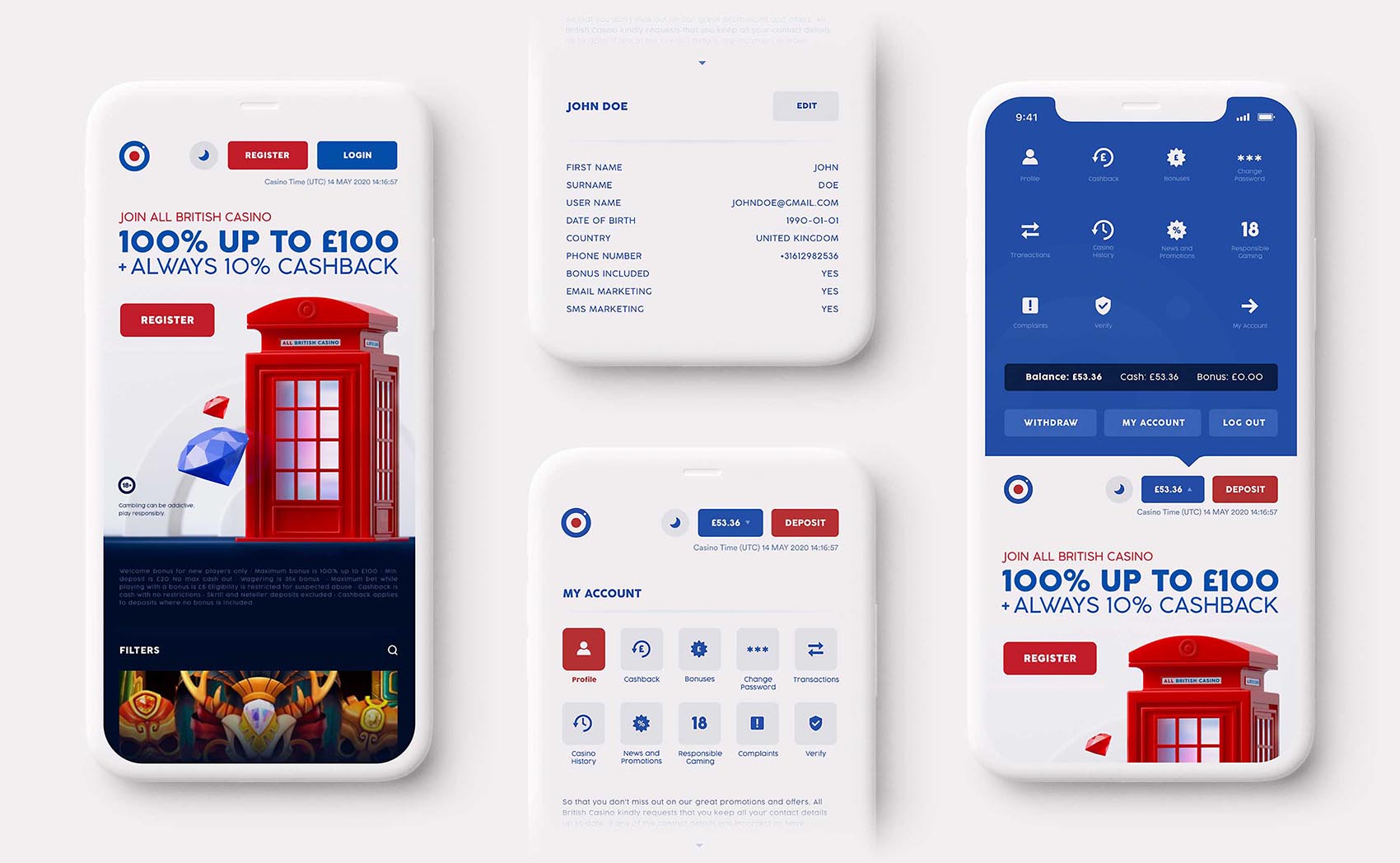 All British Casino mobile UI from the first design update