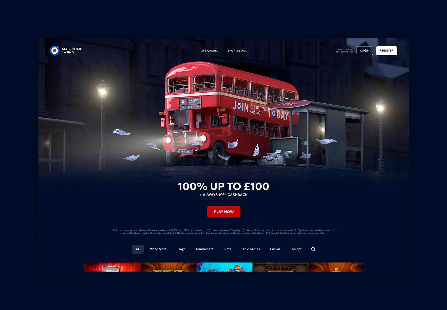 All British Casino's new home page from the second design update