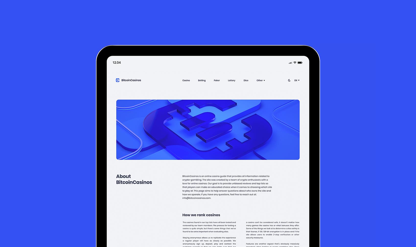 Bitcoin Casinos' website design on an ipad devices