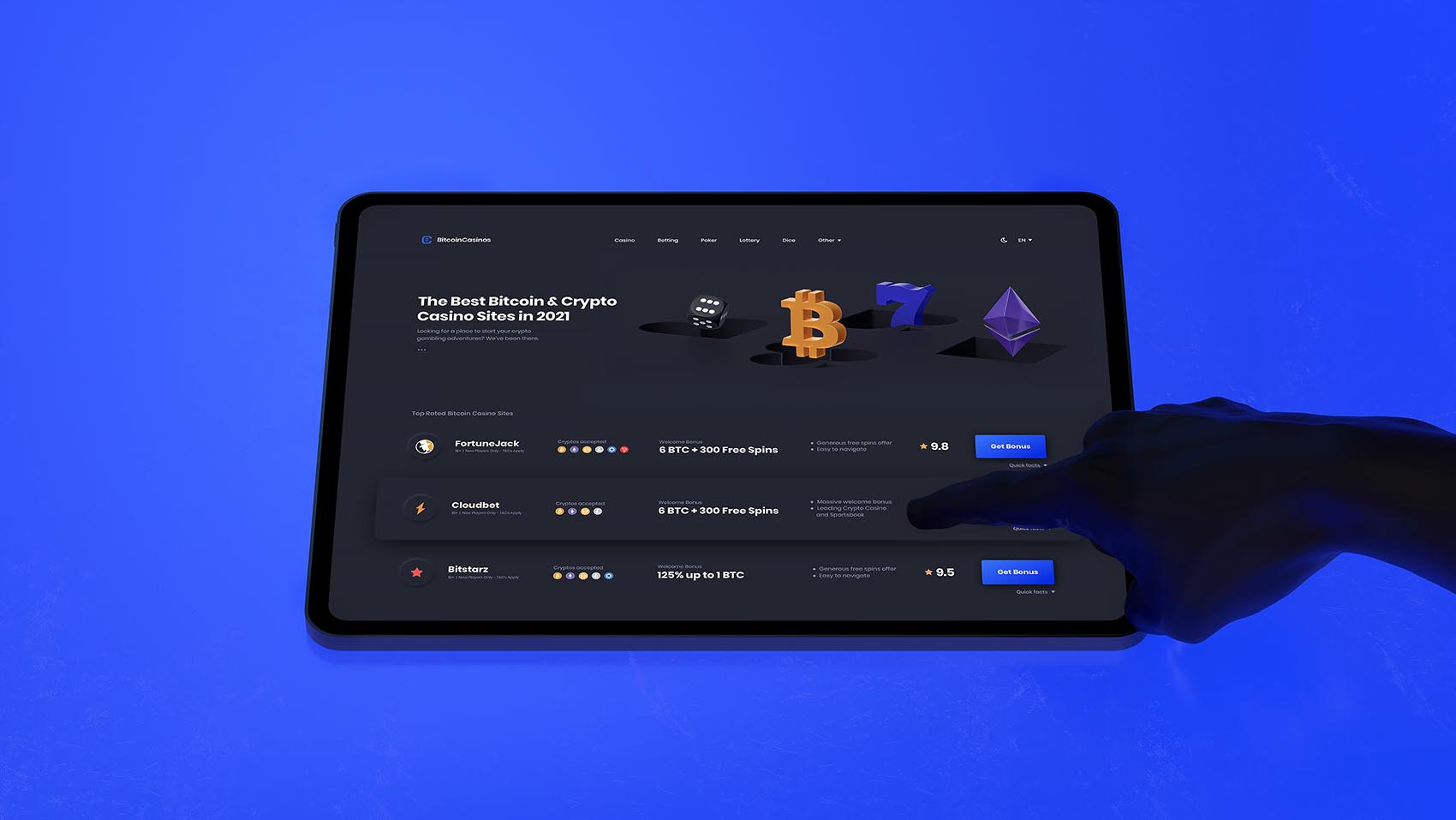 Bitcoin Casinos website in an ipad being interacted with