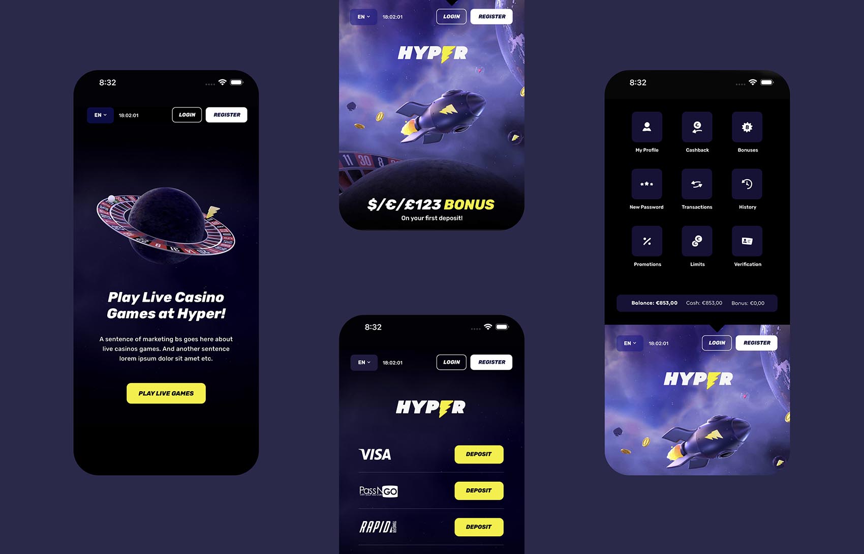 Hyper Casino UI design in phones
