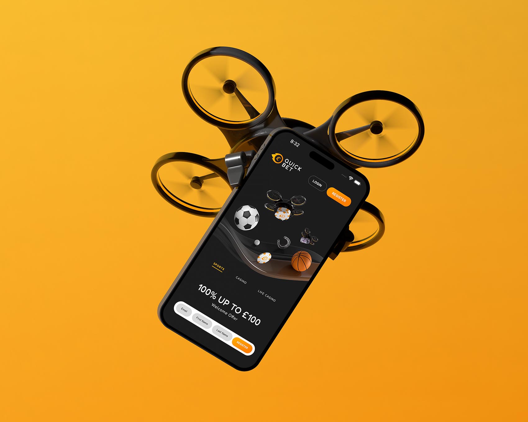 QuickBet.com delivery drone delivering a phone with QuickBet.com open on the screen