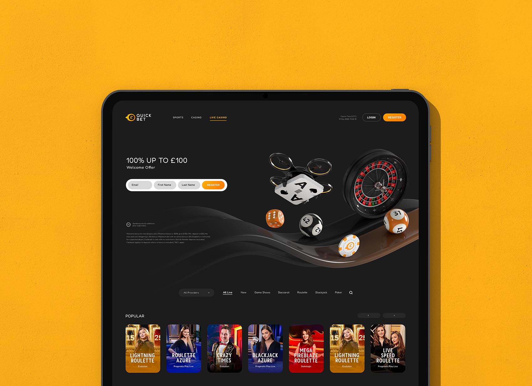 QuickBet.com live casino page in an ipad