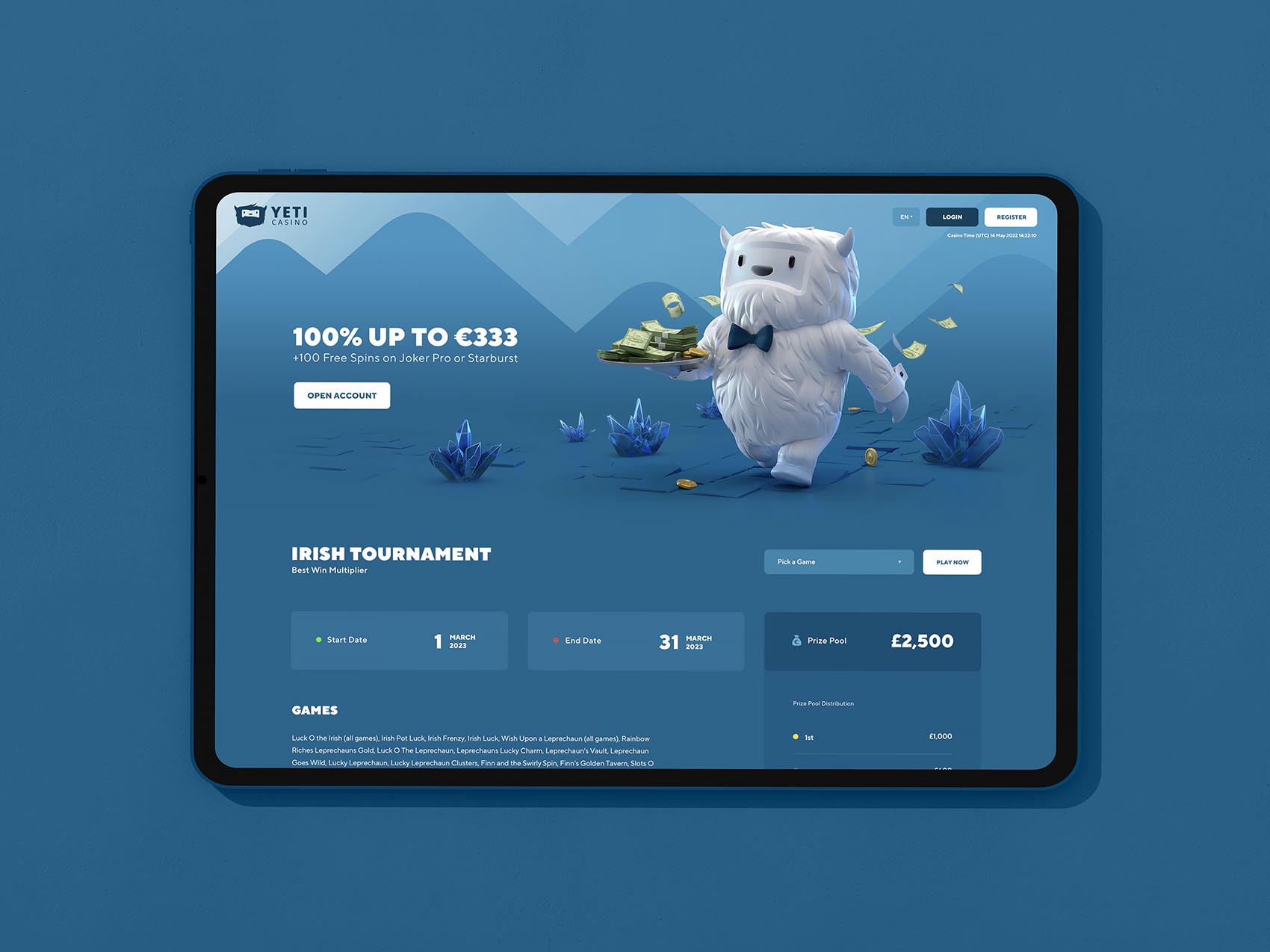 Yeti Casino website design in an ipad